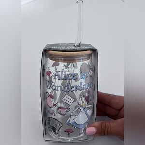 Disney Glass Tumbler with Lid and Glass Straw - Black, Clear, Wood-Tone